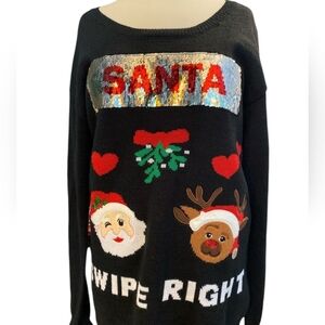 Joyland Ugly Christmas Sweater Swipe Right Santa Rudolph Sequin Sz L NEW